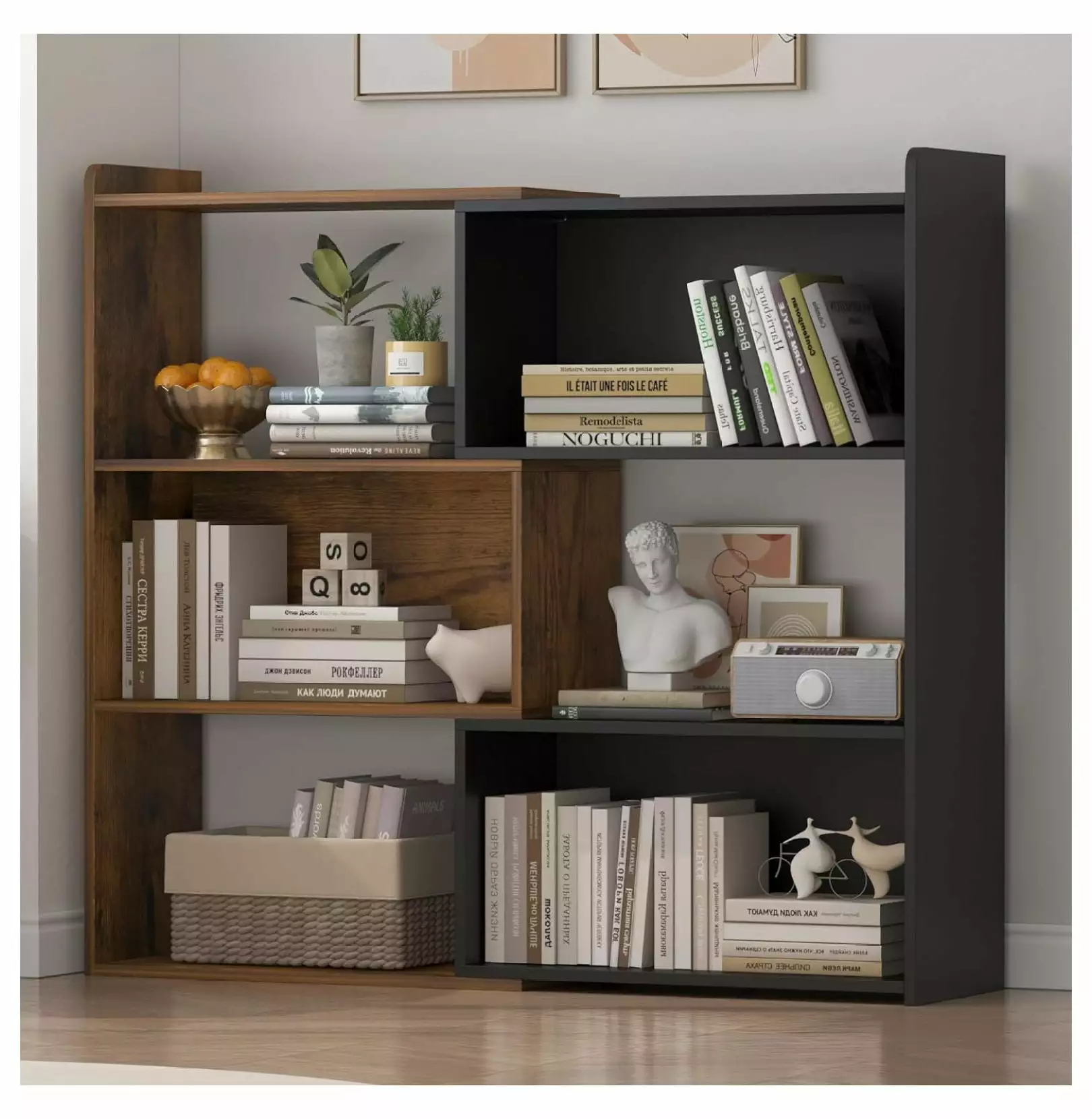 4-Tier L-Shaped Corner Bookshelf LED Light Small Space Storage Solution KioJJp