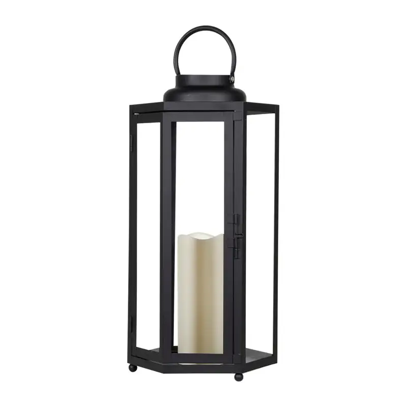 Alpine 18 Inch Glass Plastic Decorative Flameless Lantern Black Pack 2