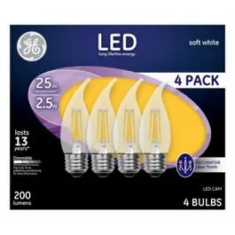 Decorative LED Light Bulbs Soft White Clear Dimmable 200 Lumens 2.5 Watt 4 Pack GE