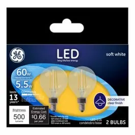 LED Light Bulbs Soft White Clear Candelabra Base 2700 Lumens 5.5 Watt 2 Pack GE