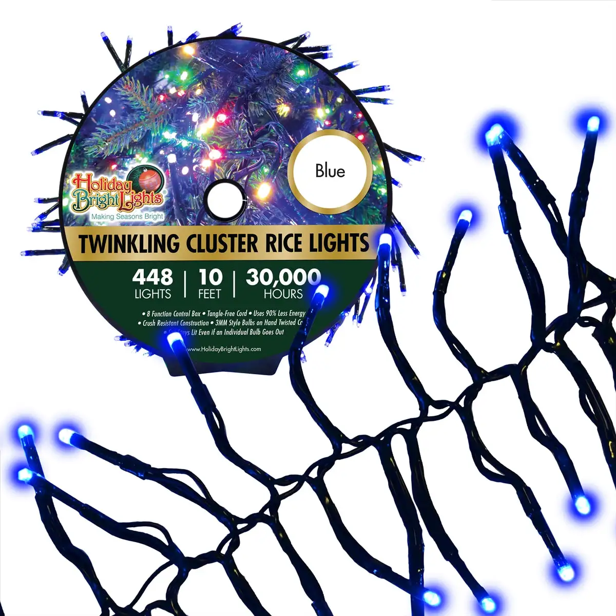 Holiday Bright LED-3MCR448-GBL Twinkling Cluster Rice 448 Blue Light Set 10 Feet
