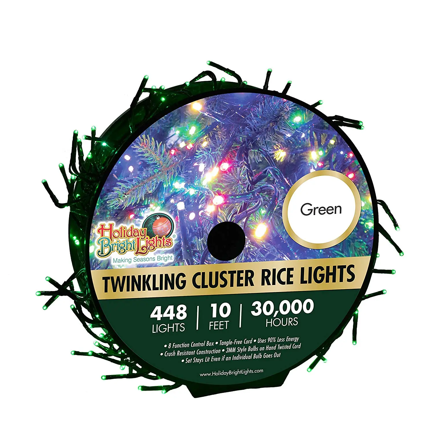 Holiday Bright LED-3MCR448-GGR Twinkling Cluster Rice 448 Green Light Set 10 Feet