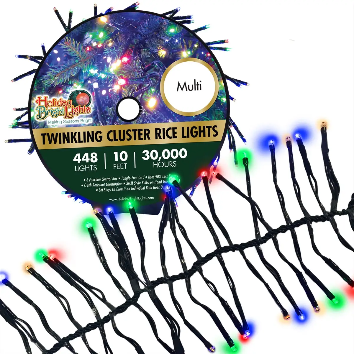 Holiday Bright LED-3MCR448-GMU Twinkling Cluster Rice 448 Multi Light Set 10 Feet