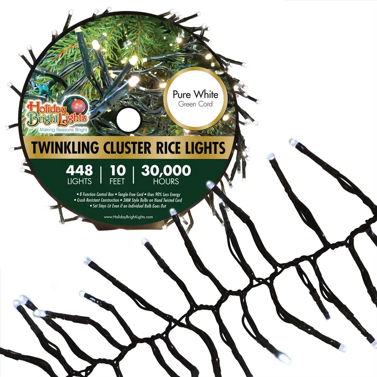 Holiday Bright LED-3MCR448-GPW Twinkling Cluster Rice 448 P-White Light Set 10 Feet
