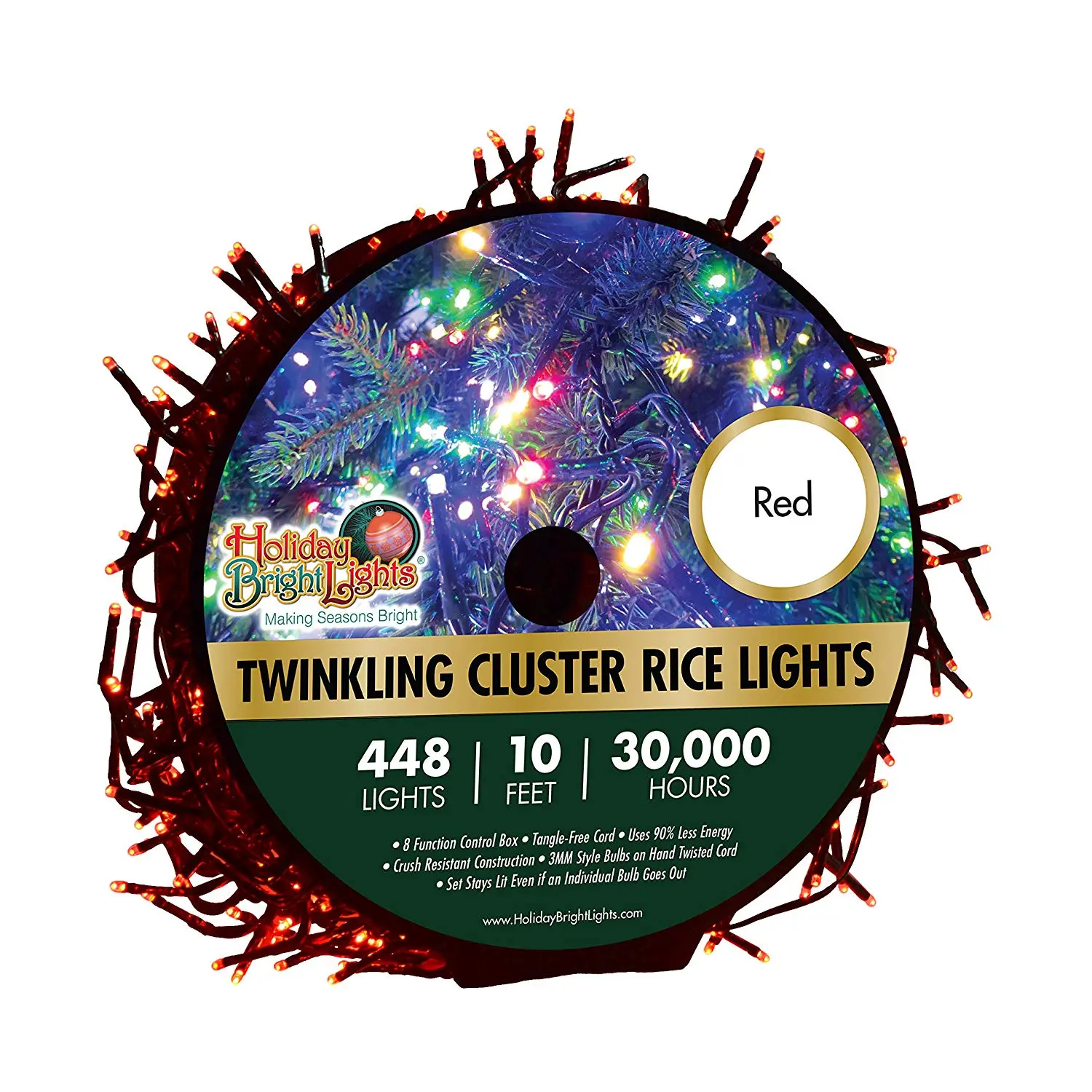 Holiday Bright LED-3MCR448-GRD Twinkling Cluster Rice 448 Red Light Set 10 Feet