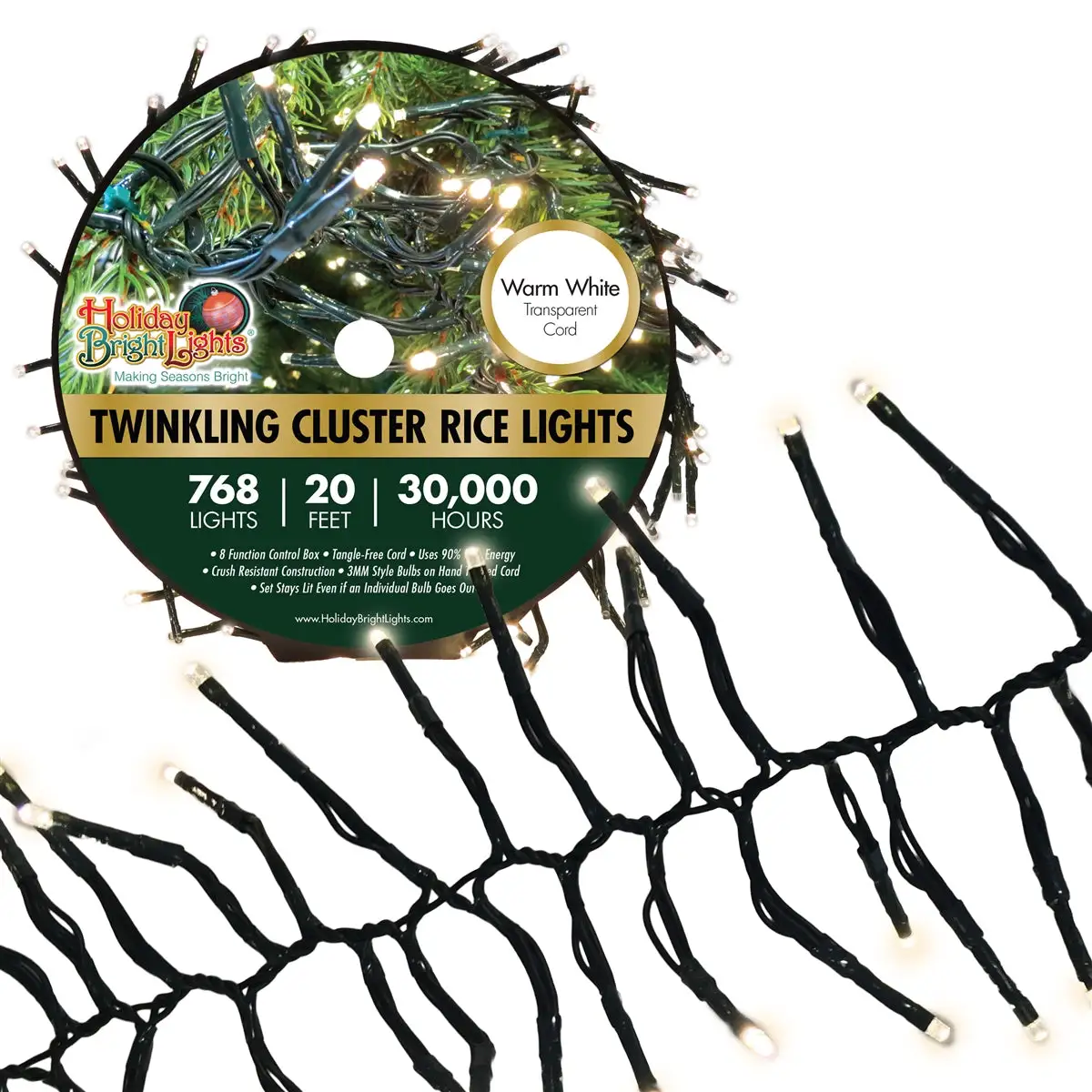 Holiday Bright LED-3MCR768-GWW Twinkling Cluster Rice 768 W-White Light Set 20 Feet