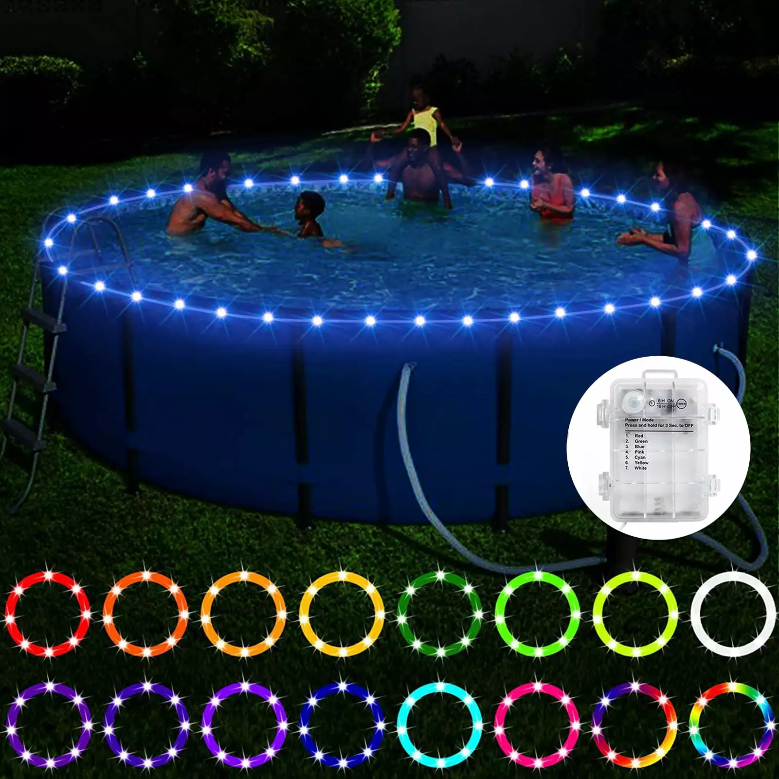 Honrane IP67 Waterproof 1 Set Swimming Pool Rim Light Remote Control 16 Lighting Colors Above Ground Pool LED Strip Light