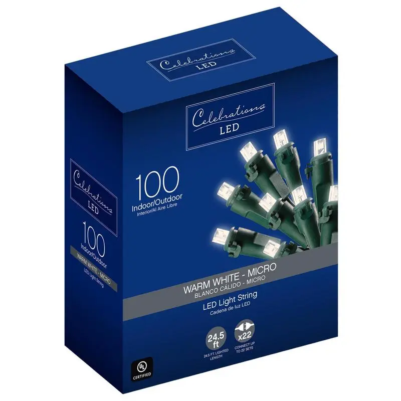 Celebrations LED Micro Warm White 100 ct String Christmas Lights 24.5 ft Pack 12