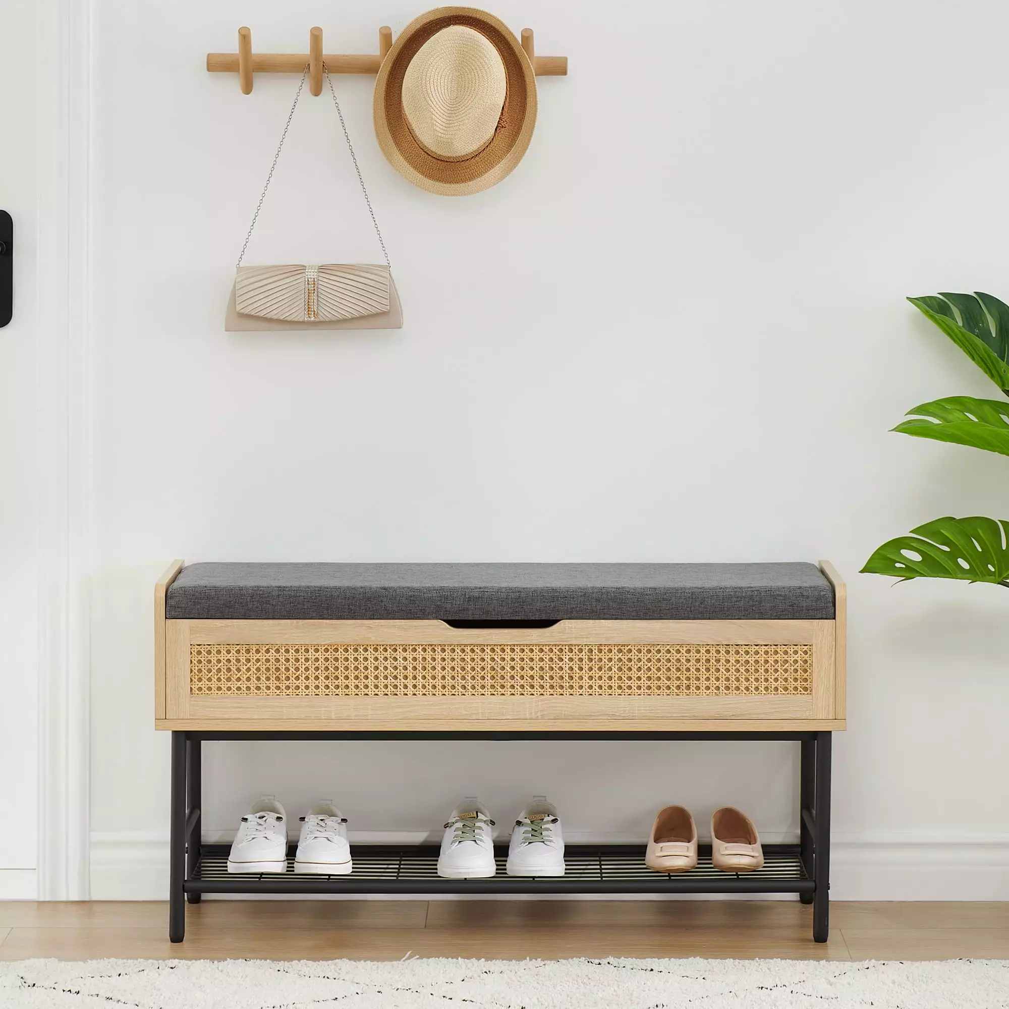 HOMEFAN Shoe Storage Bench Lift Top Storage Box and Padded Cushion Hallway Bedroom Bathroom Benches