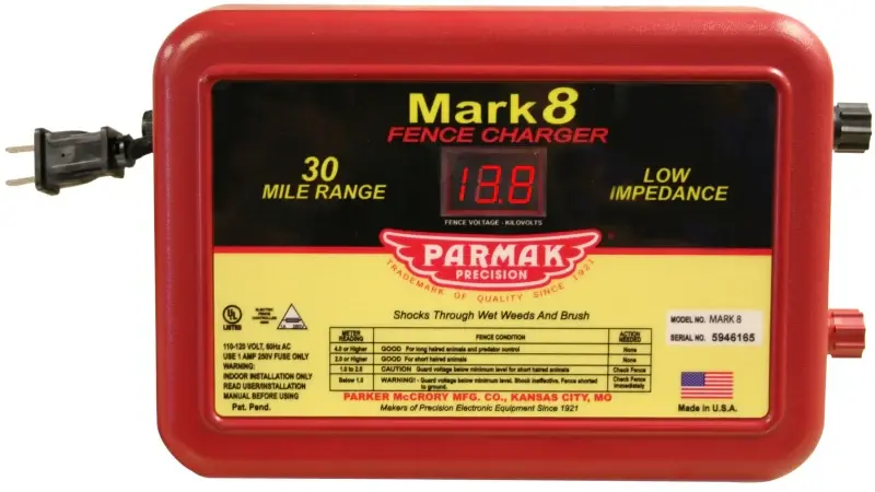 Parmak MARK 8/7 Electric Fence Charger, 1.1 to 4.9 J Output Energy, 110/120 V | UV Resistant | Corrosion Proof