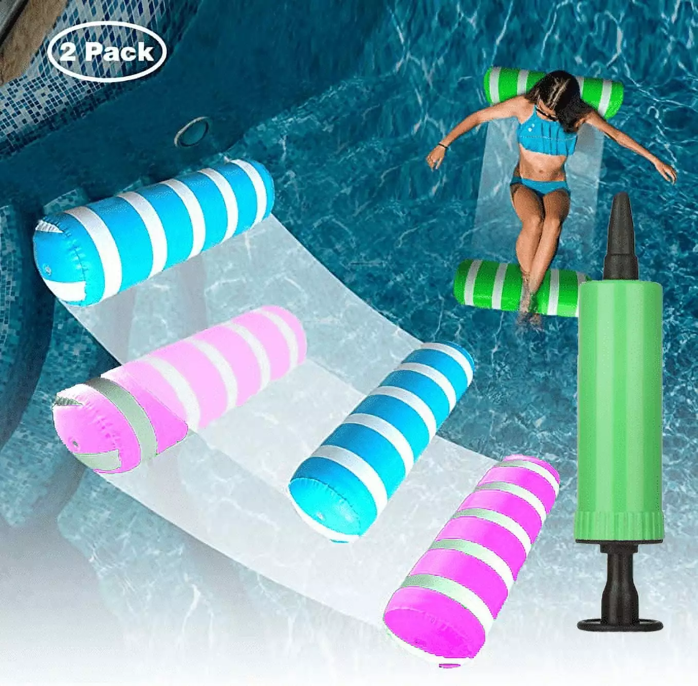 Water Hammocks Pool Float Lounger Chair Foldable Inflatable Swimming Lounger Pump Water Party Summer Carnival Pink Blue