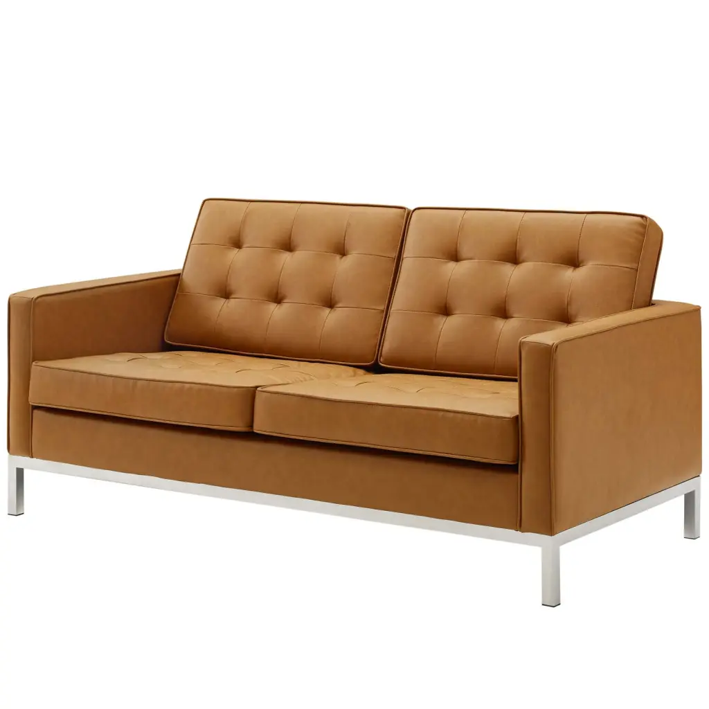Contemporary Modern Urban Designer Living Room Lounge Club Lobby Loveseat Sofa Faux Vinyl Leather Tan Brown