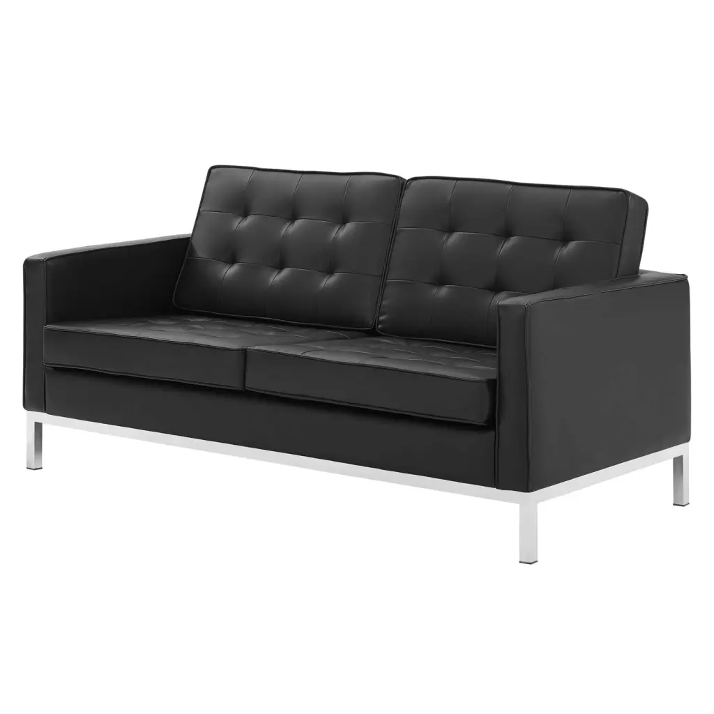 Contemporary Modern Urban Designer Living Room Lounge Club Lobby Loveseat Sofa Faux Vinyl Leather Black Silver