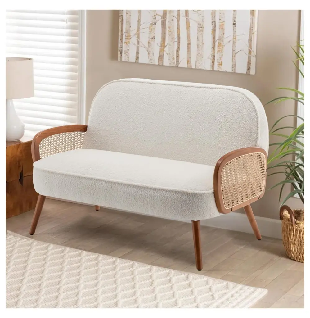 Superwum 45W Small Loveseat Natural Rattan Arms Upholstered Modern Mini Sofa Small Spaces
