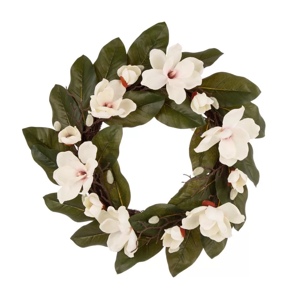 Glitzhome 24 Inch Artificial Magnolia Wreath Front Door Decor