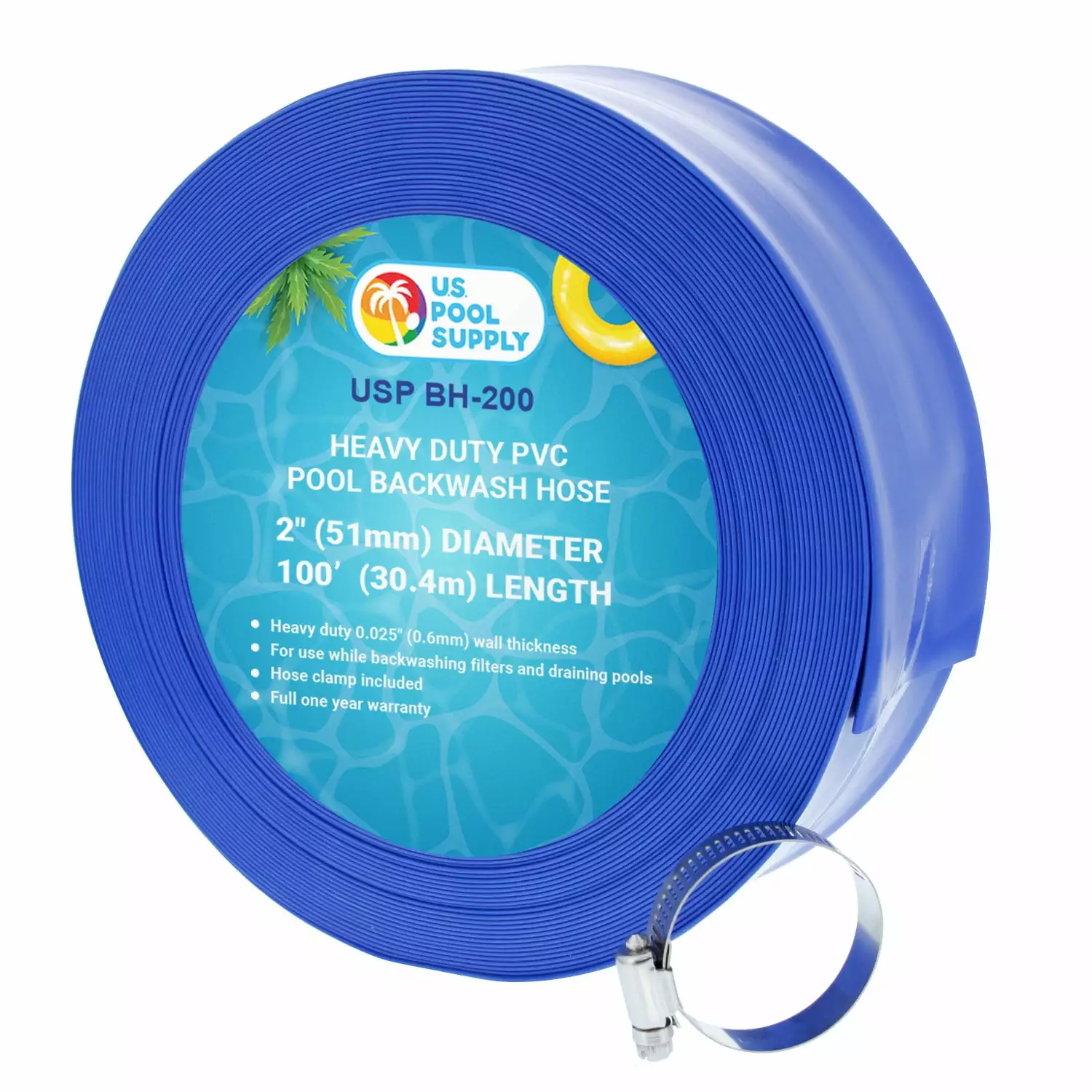 U.S. Pool Supply 2 x 100' Heavy Duty Blue PVC Swimming Pool Backwash Hose Hose Clamp 1