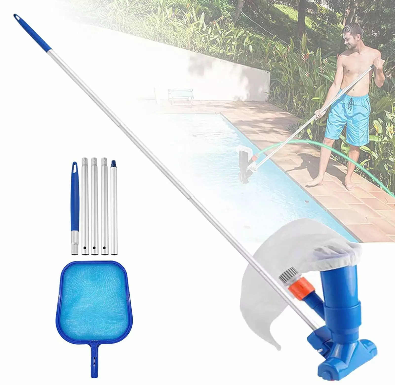 JABUUO Portable Swimming Pool Jet Vacuum Cleaner Kit Telescopic Pole and Mesh Bag