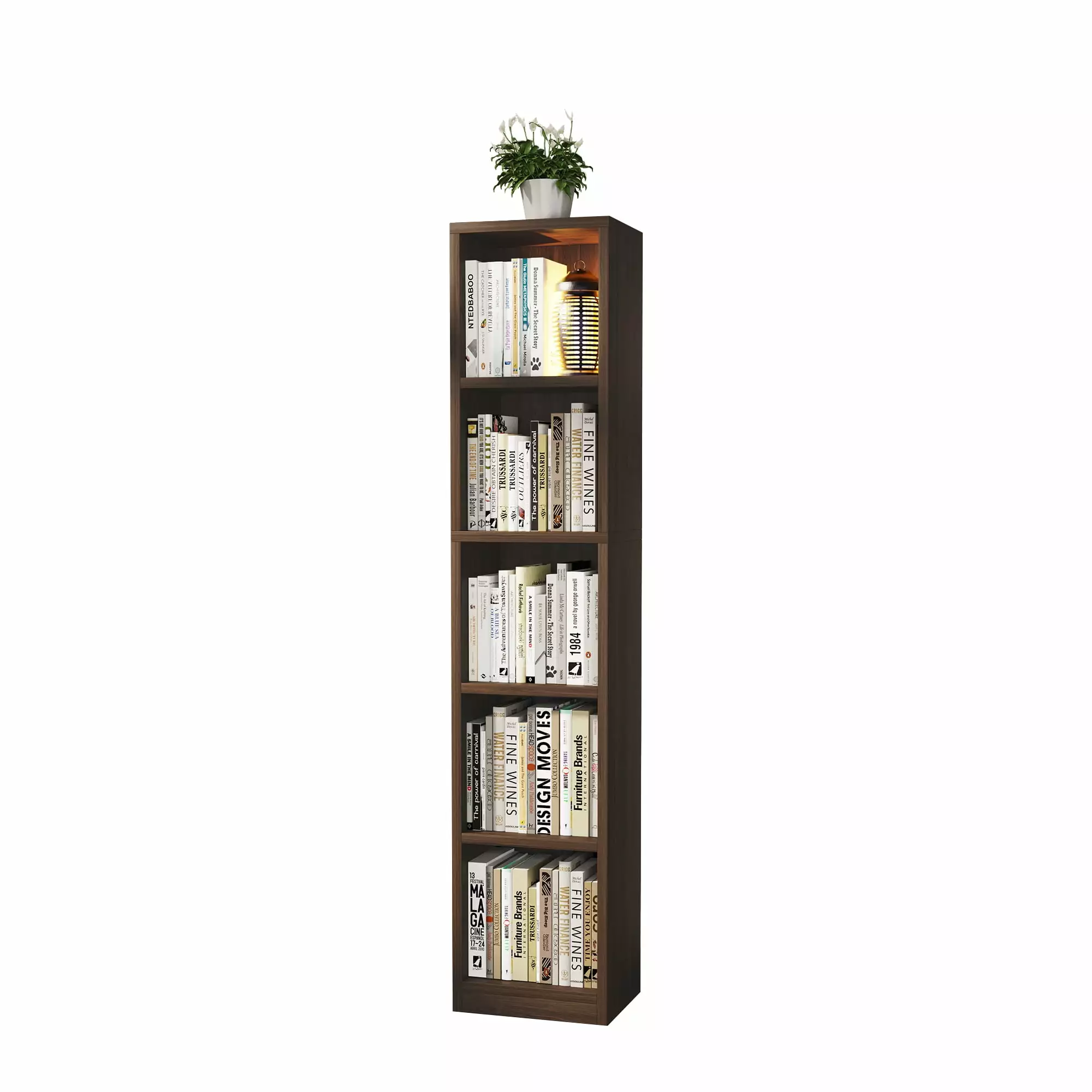 Yowos Mid-Century Wooden Corner Bookshelf Narrow 5-Tier Bookcase Walnut