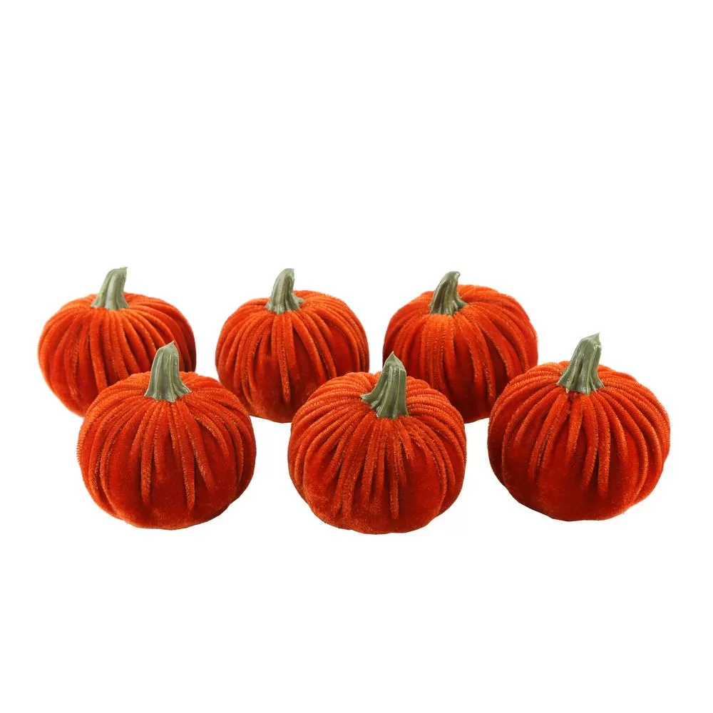 Flora Bunda 3 Inch Fall Harvest Orange Velvet Pumpkins Set 6 Gift Box