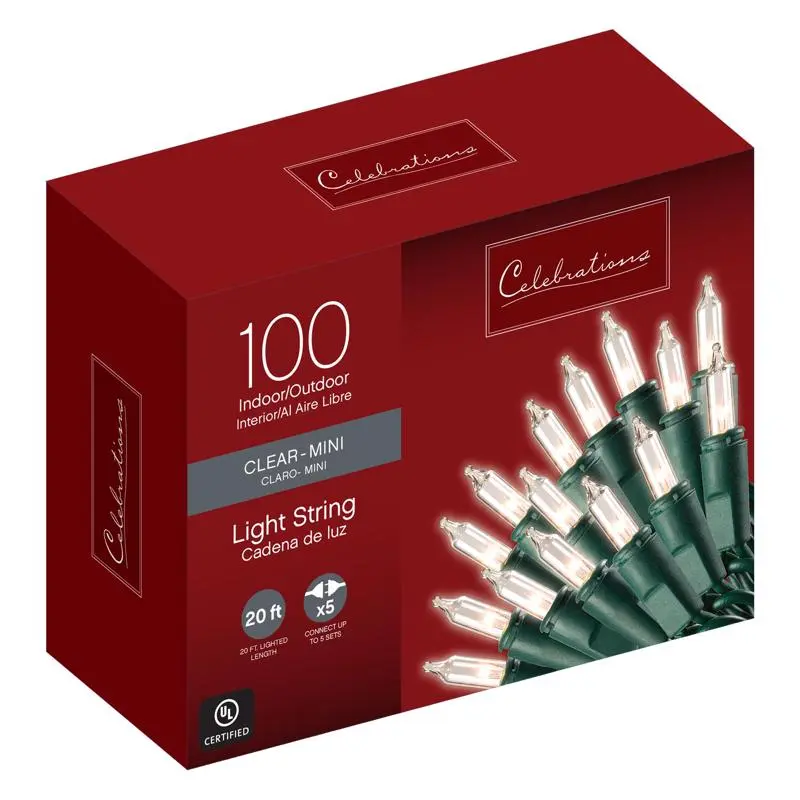 Celebrations Mini Incandescent Light Set 20.625 ft. 100 Lights Green Pack 24