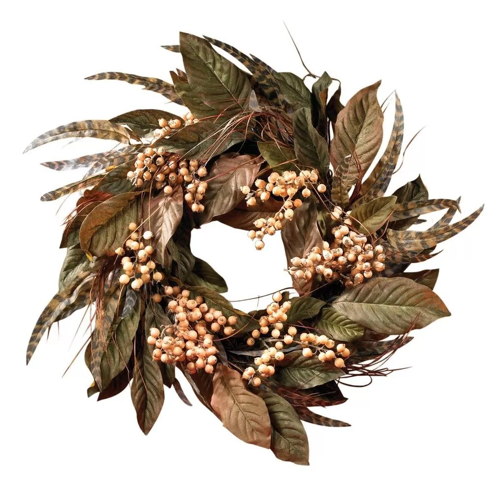 Nearly Natural 24 Inch Berry and Feather Wreath Unique Decor