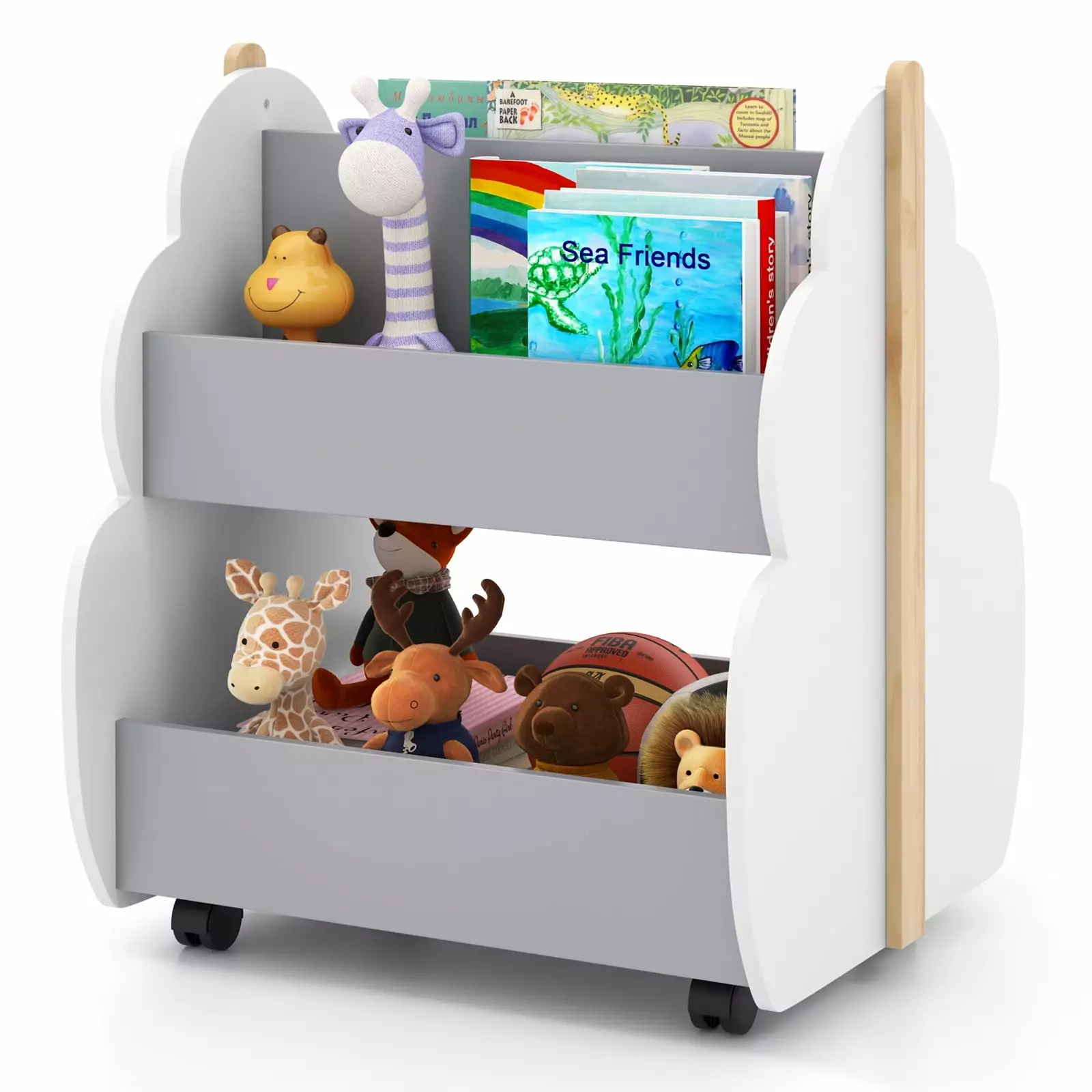 Infans Kids Wooden Bookshelf Wheels - 2-Tier Toy Storage Shelf Double-sided Bookcase