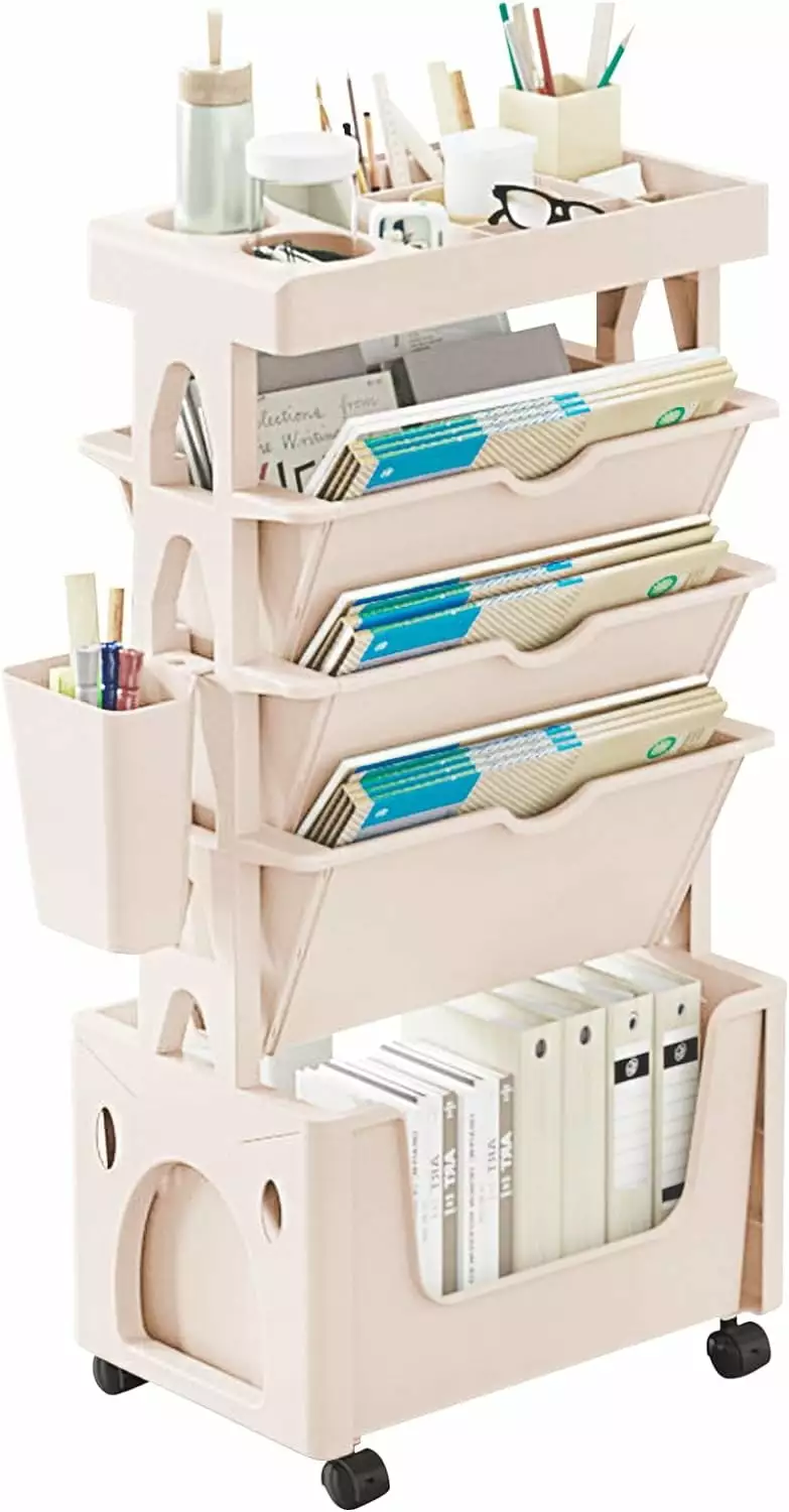 5-Tier Mobile Bookshelf Cart Khaki - Removable Bookshelf Wheels Living Room Office Kitchen NTXC2