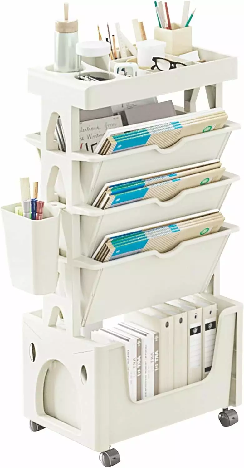 5-Tier Mobile Bookshelf Cart Wheels - Movable Book Rack Storage Organizer White NTXC2
