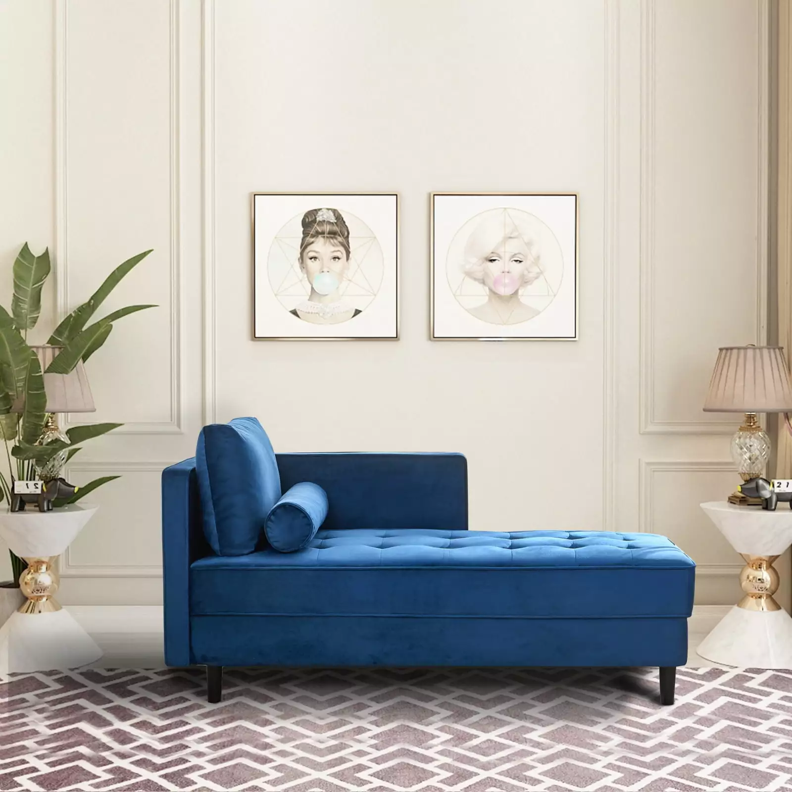 Blue 64 Velvet Chaise Lounge Mid-Century Modern Design Tufted Upholstery Sleeper Living Room Chaise Wodine