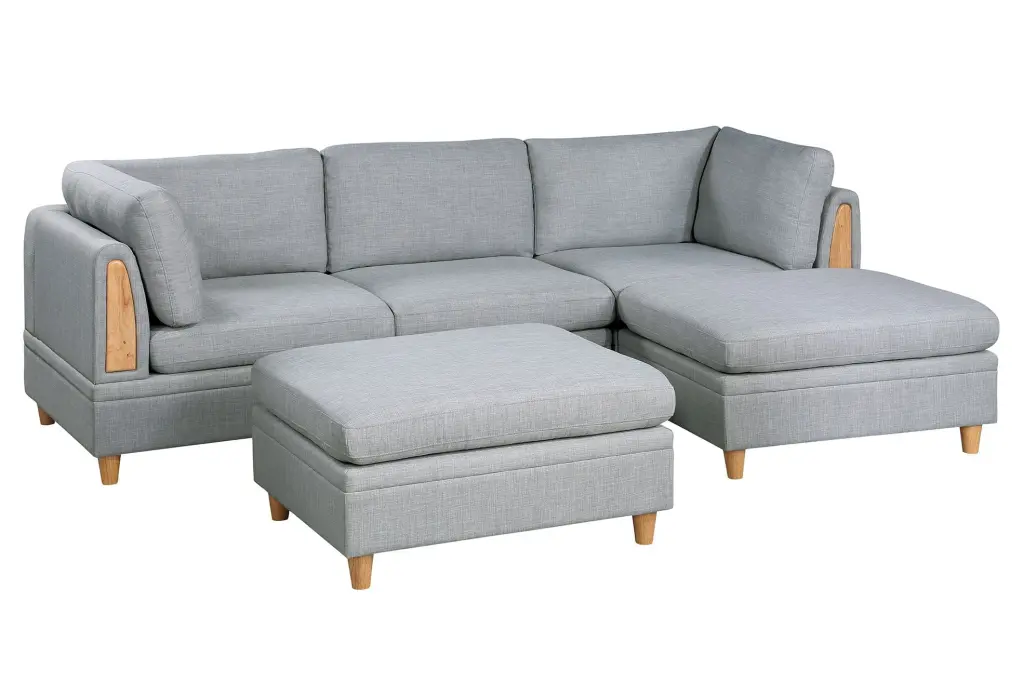 5pc Modular Sofa Set Light Grey Dorris Fabric Couch 2 Corner Wedges 1 Armless Chair and 2 Ottomans CNCJ
