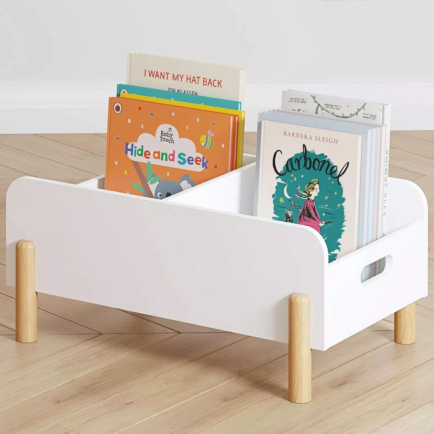 STAROUS Montessori Bookshelf Toddlers - Wooden Book Caddy Adjustable Divider