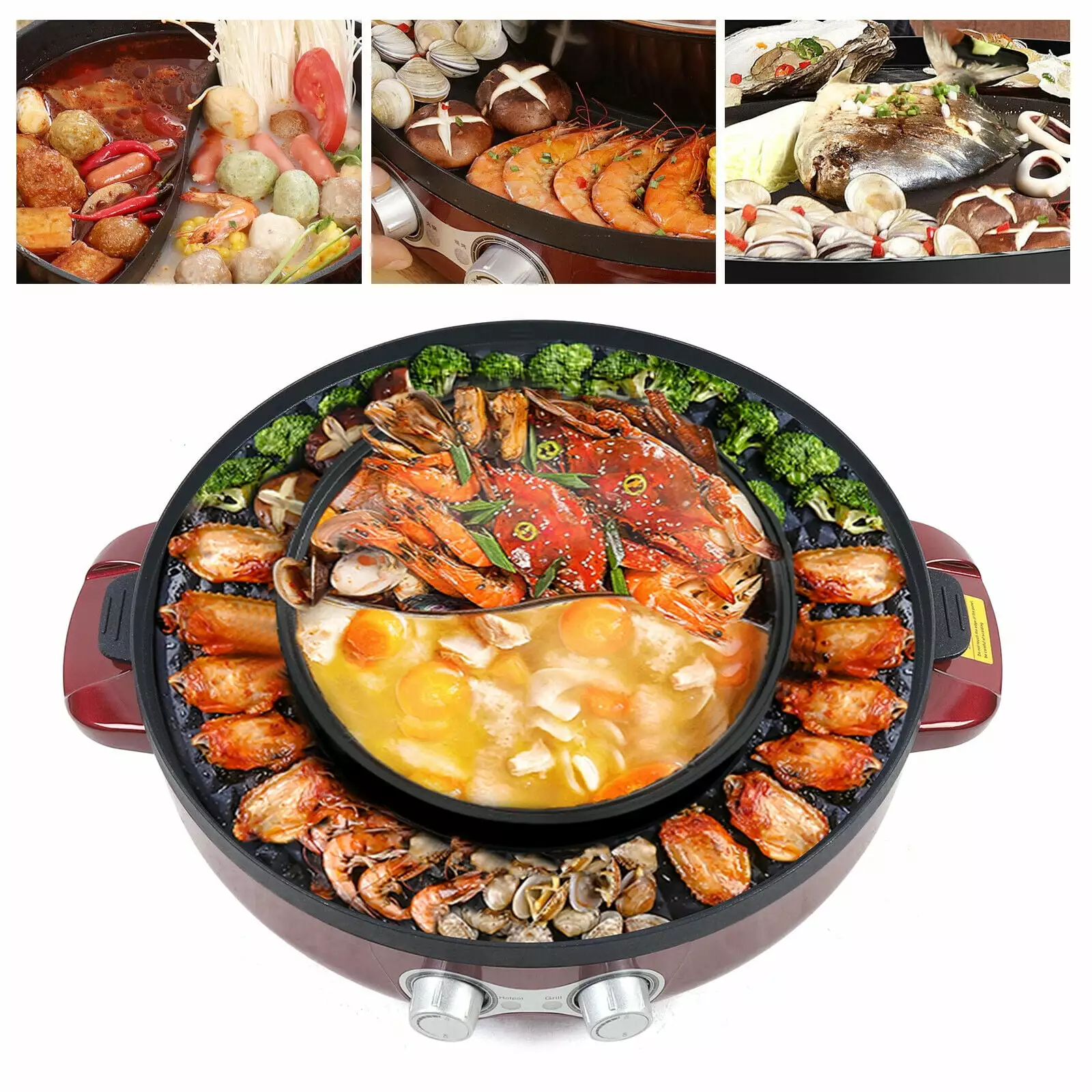 Electric BBQ Hot Pot Grill Combo 2 1 Smokeless Grill Hot Pot BBQ Grill Pot 2200W Dual Function