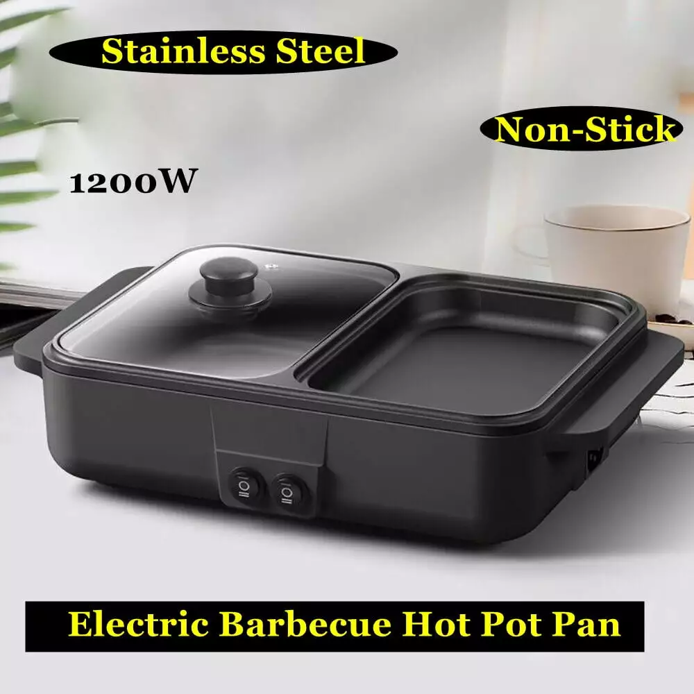 Miumaeov Electric Hot Pot Grill 1200W 2 1 Multi-function Nonstick Griddle and Hot Pot Indoor Barbecue
