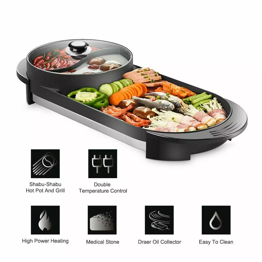 Multi-functional 2--1 Electric Grill & Hot Pot Dual Temperature Control Non-Stick Teppanyaki Shabu Shabu Cooker