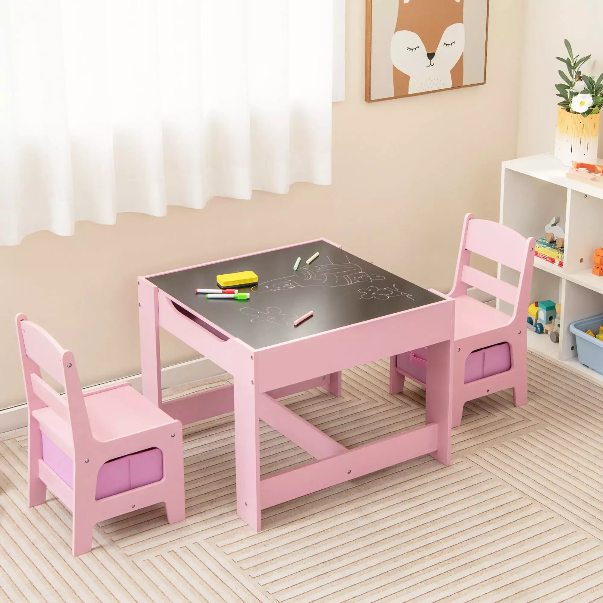 Gymax 3 1 Kids Wood Table Chairs Set w/ Storage Box Blackboard Drawing Pink