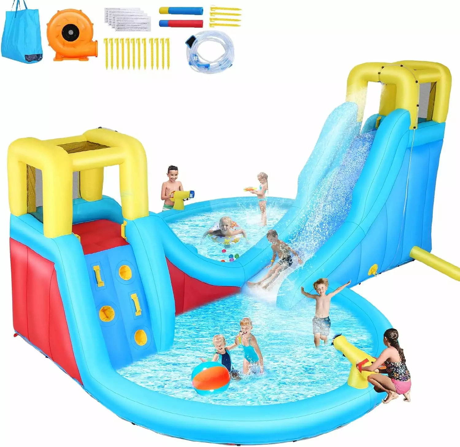 Veeboto Inflatable Water Slide Kids 520W Blower Bounce House 2 Water Slides 2 Splash Pools