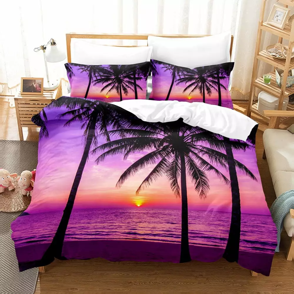 Beach Forest Scenery 3D Printing Quilt Set 3PCS Vacation Leisure Bedding AOUPVAY