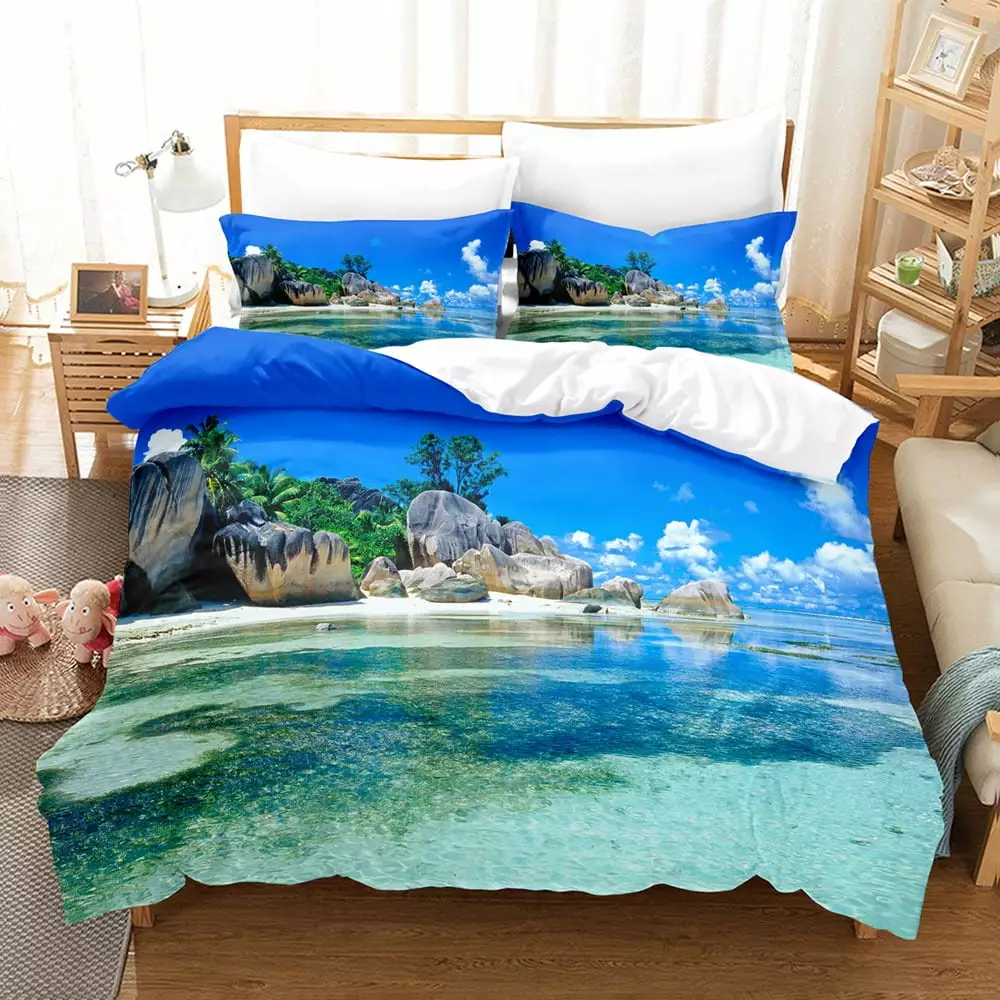 Cozy Beach Forest Scenery 3D Printing Quilt Set 3PCS Vacation Bedding Litide