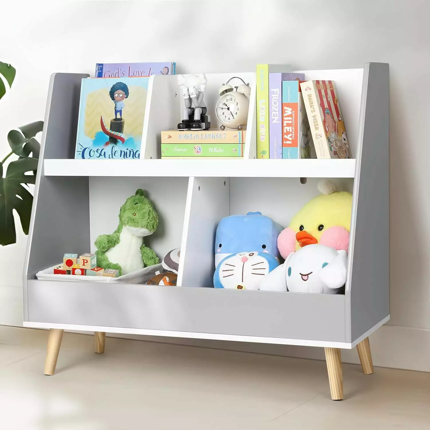 Nursery Bookshelf Kids White Grey - Wooden 5 Cubbies Toy Storage Organizer Display LiuZhiYong