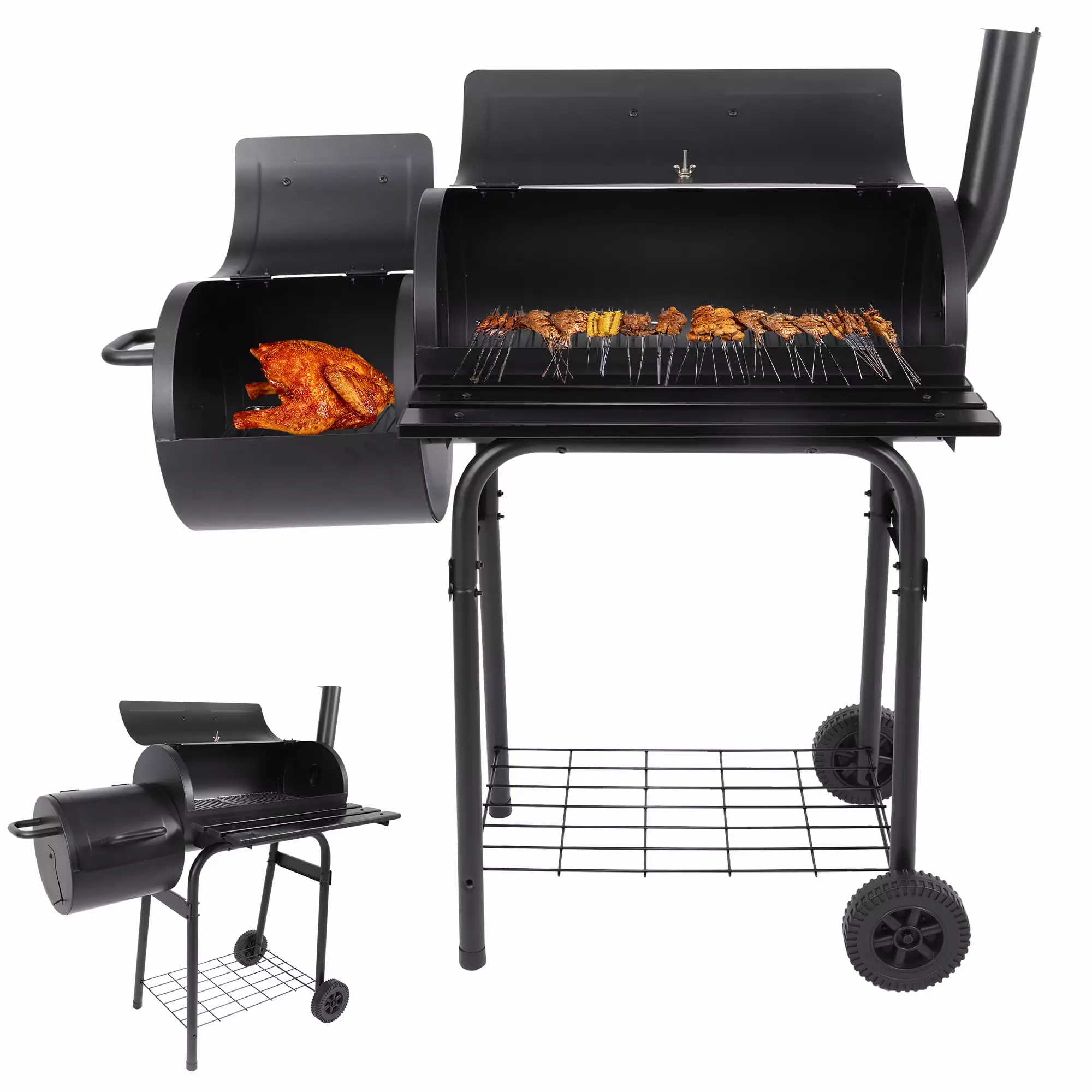 Charcoal Grill Offset Smoker and Side Fire Box Outdoor BBQ Auccyt