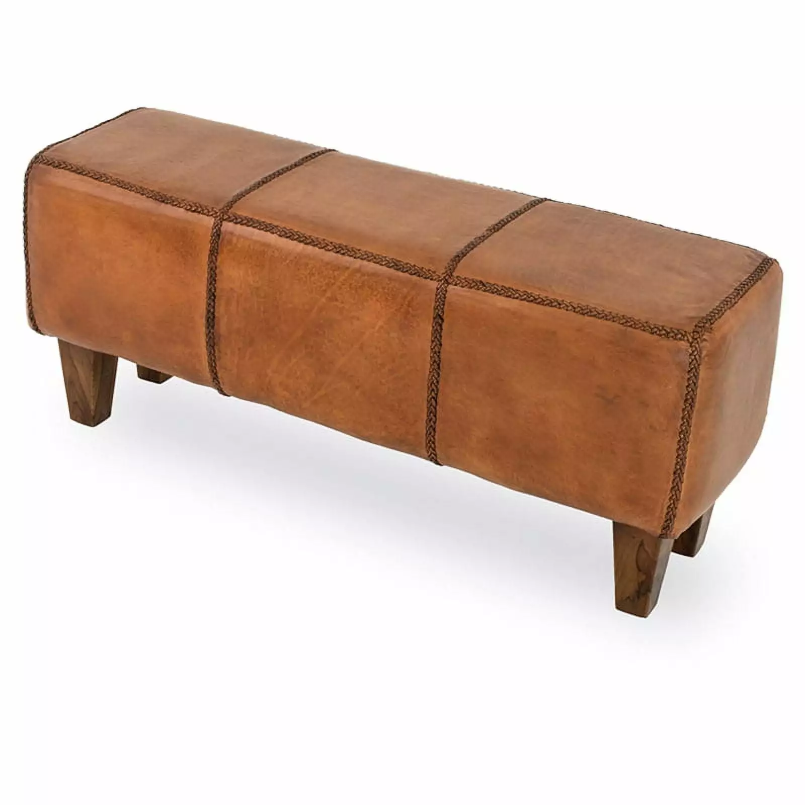Serena Mid-Century Modern Genuine Leather Upholstered Bench Tan Ottomans Ashcroft