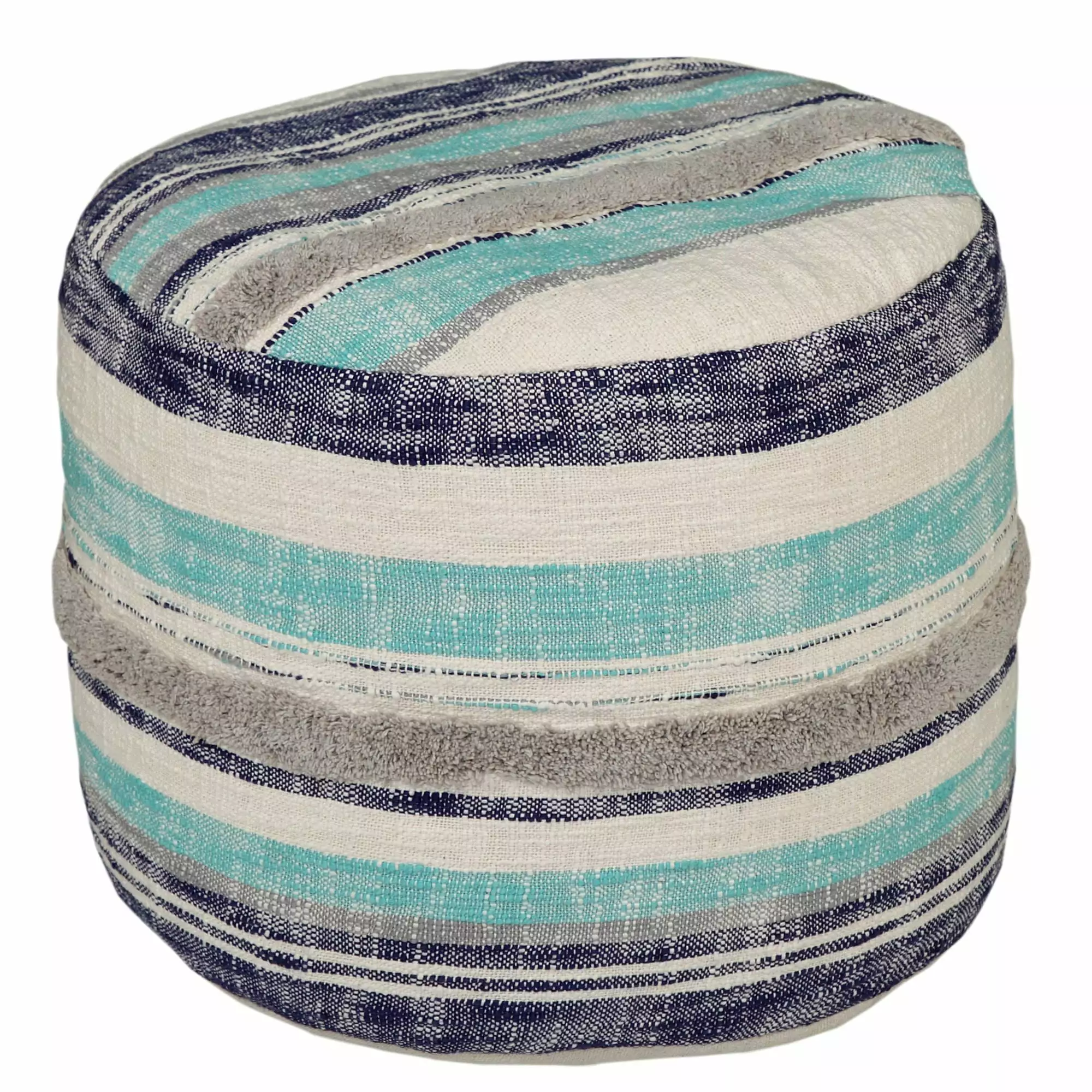 Laddha Home Designs 18 Navy Blue and White Geometric Striped Hand Loomed Round Pouf Ottoman