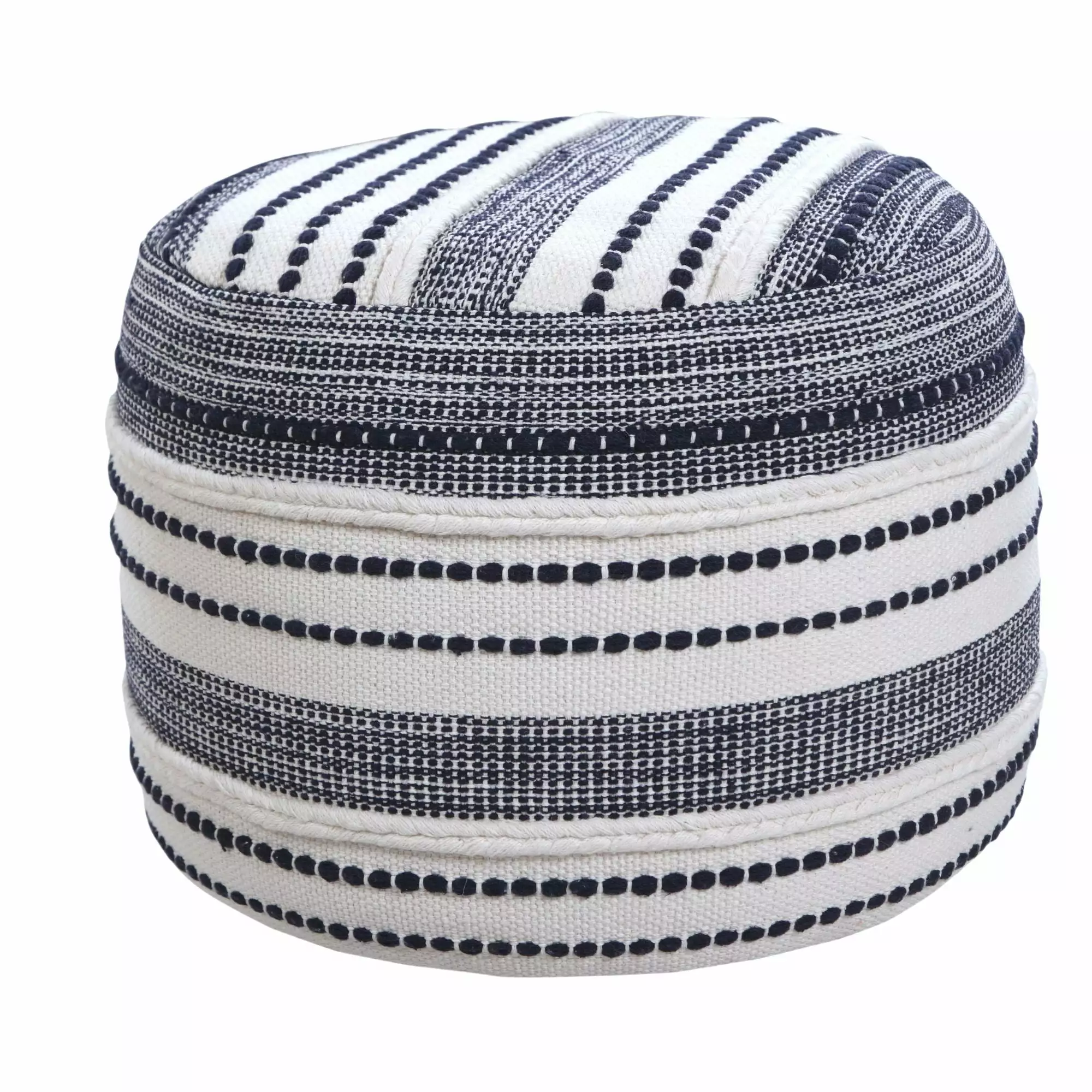 Laddha Home Designs 18 Navy and White Seaside Striped Artisan-made Round Pouf Ottoman