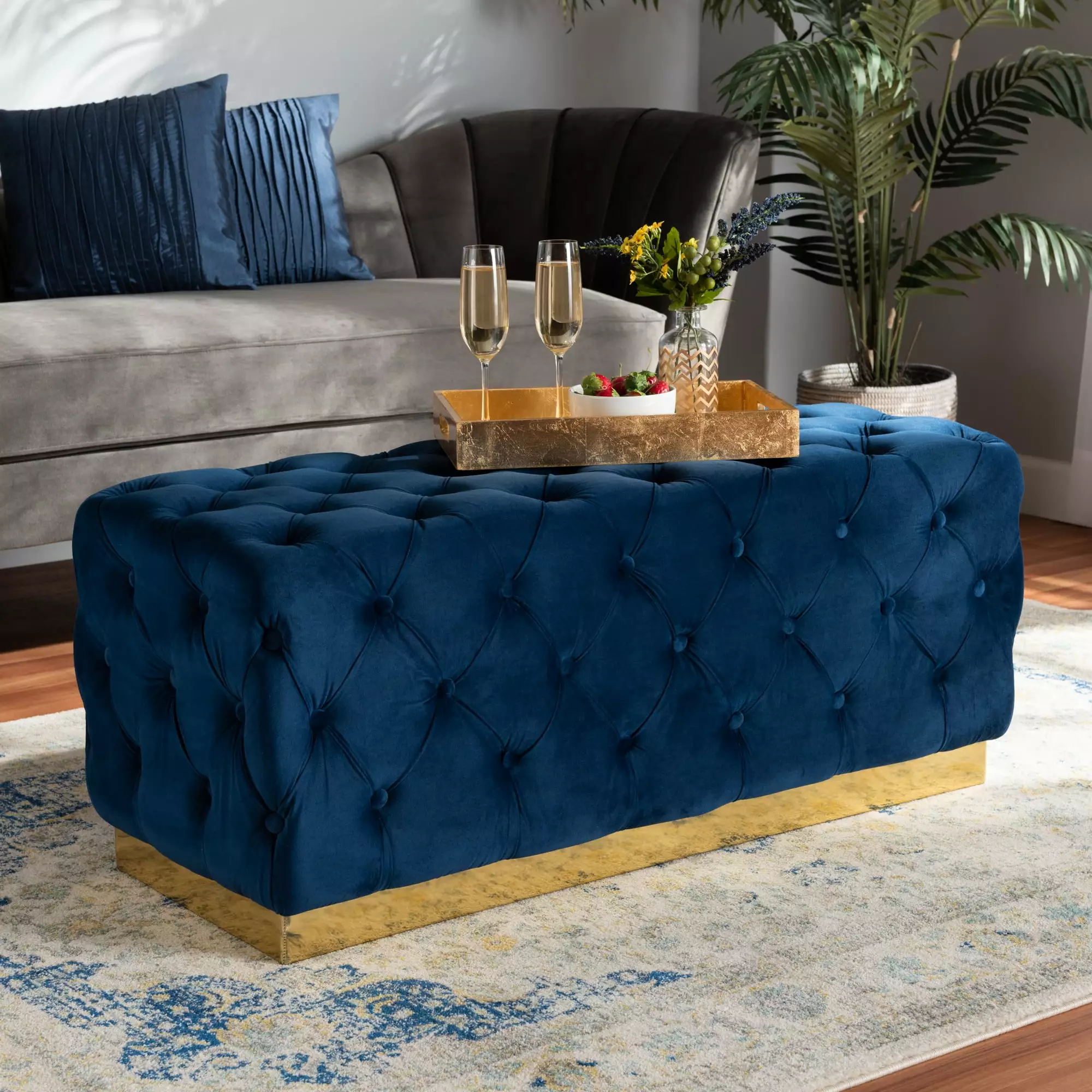 Baxton Studio Corrine Navy Blue Velvet Gold PU Leather Ottoman Glam Living Room Accent Furniture Ottomans