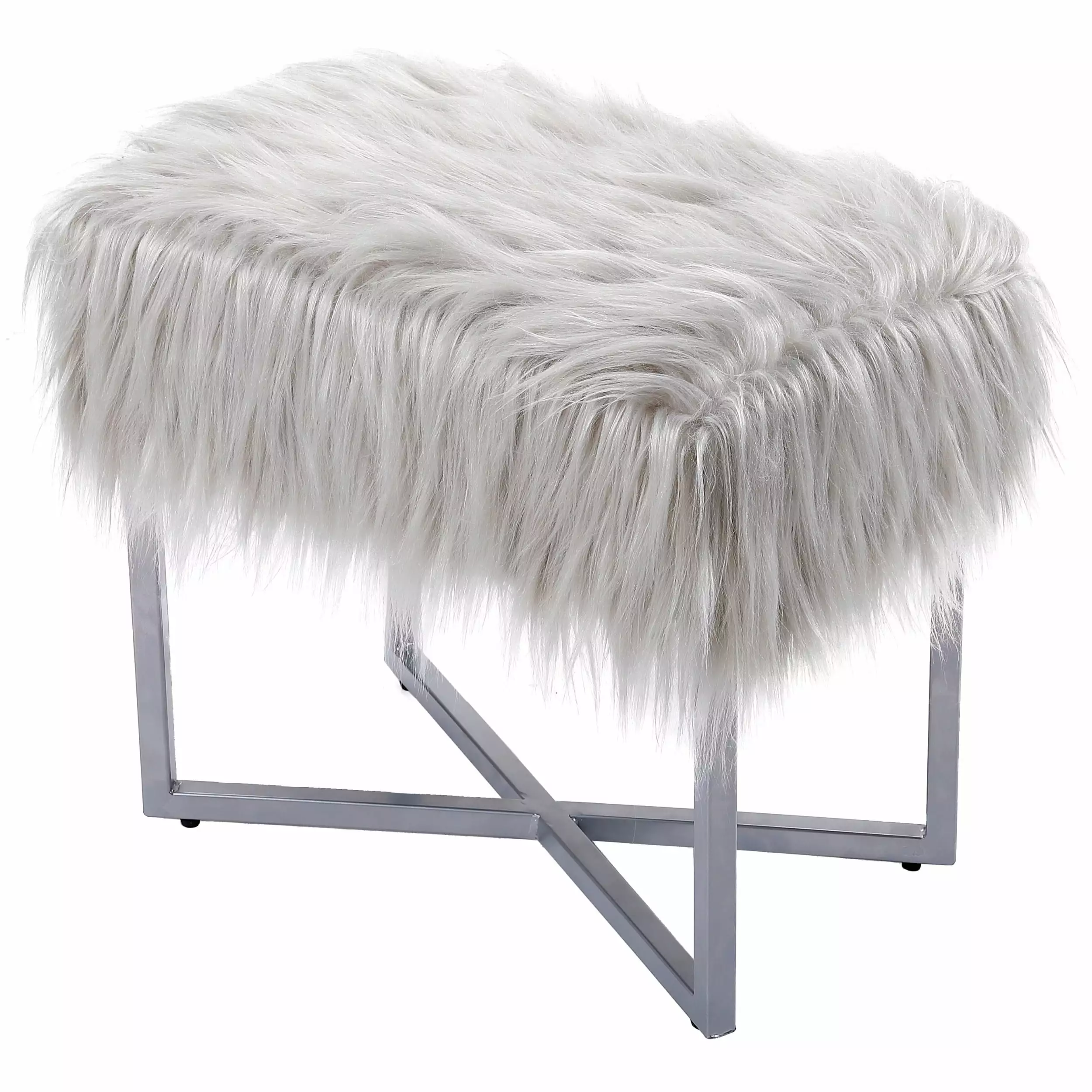 BirdRock Home Rectangular Grey Faux Fur Foot Stool Ottoman Grey Legs Soft Cozy Living Room Accent Ottomans