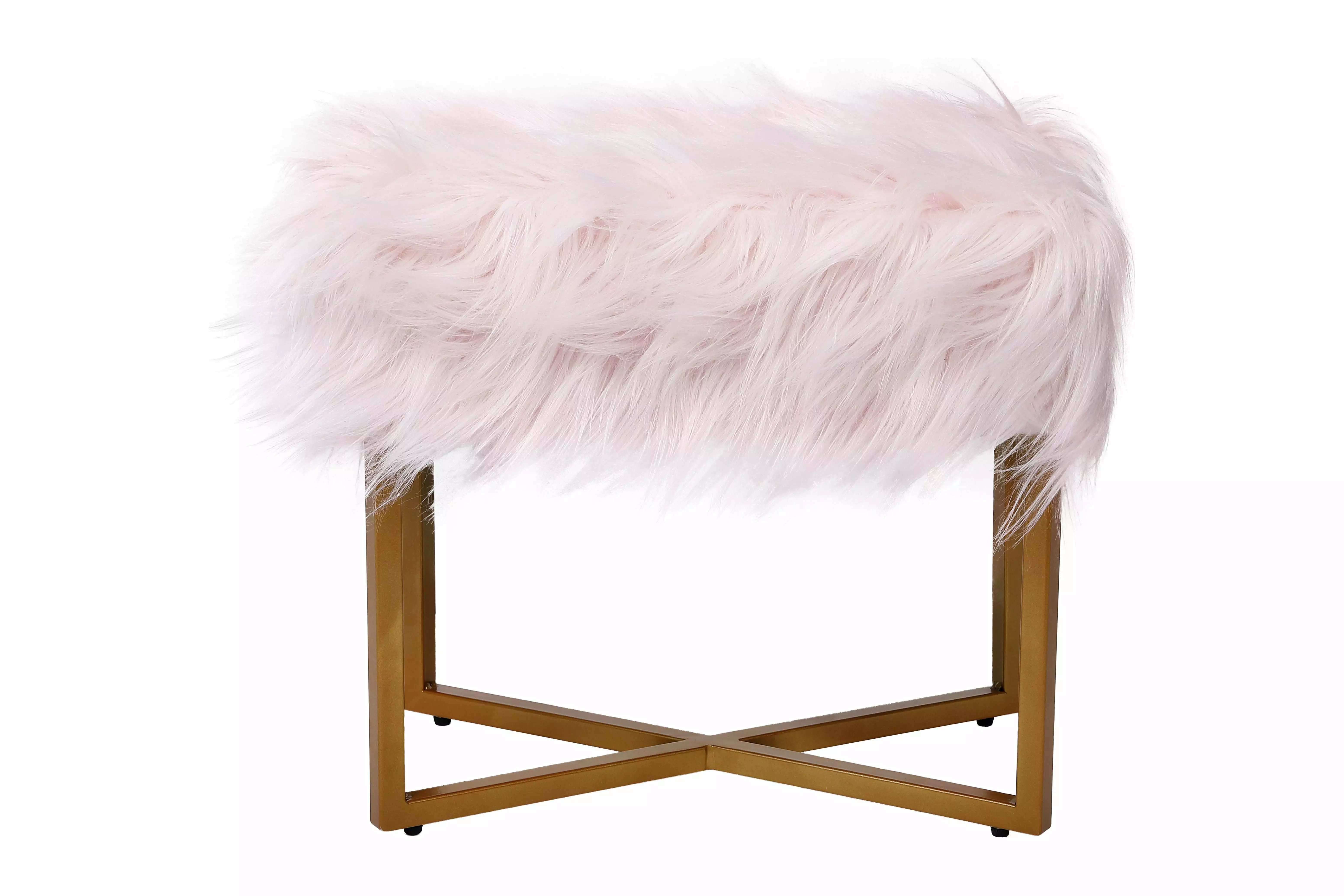 BirdRock Home Rectangular Pink Faux Fur Foot Stool Ottoman Gold Legs Soft Living Room Decor Ottomans