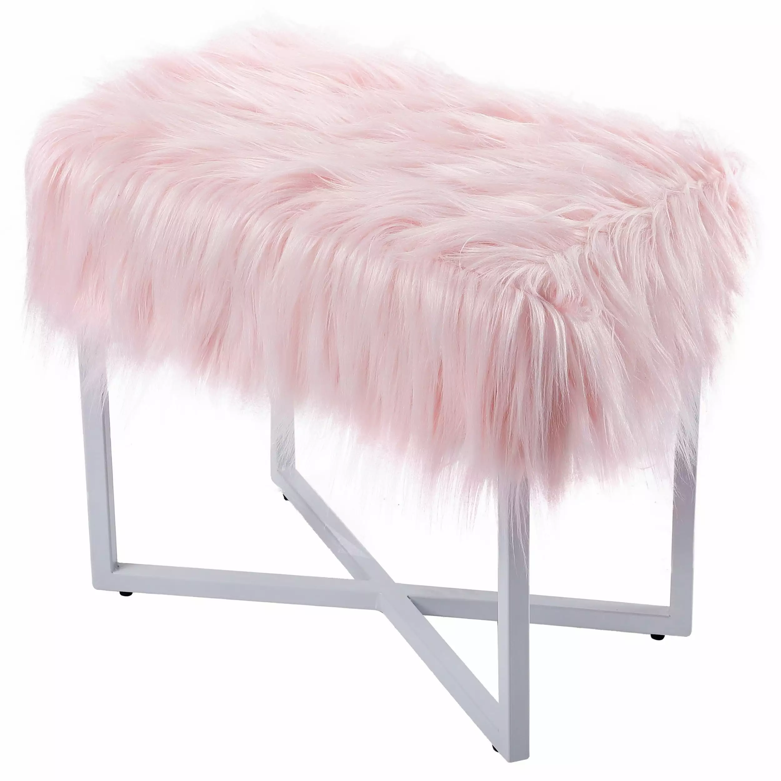 BirdRock Home Rectangular Pink Faux Fur Foot Stool Ottoman White Legs Cozy Living Room Accent Ottomans