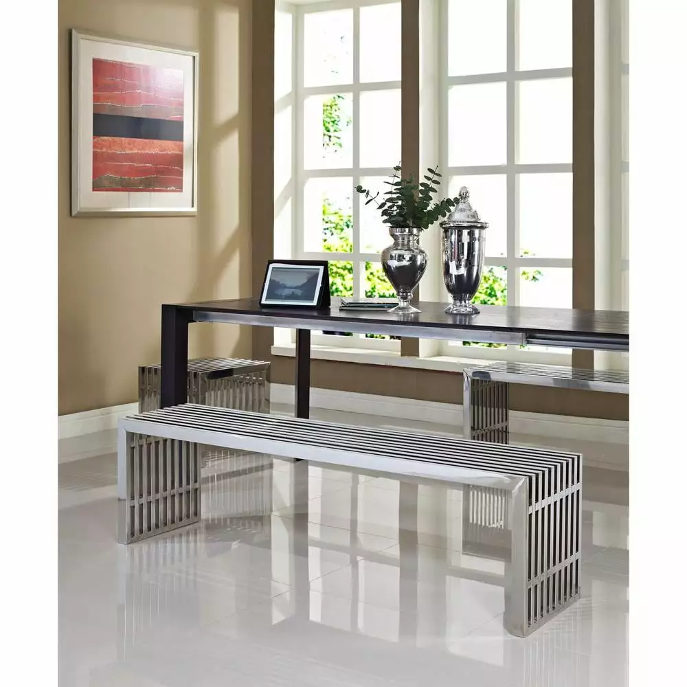 Modway Gridiron Benches Set 3 Silver - Modern Metal Outdoor Seating Benches
