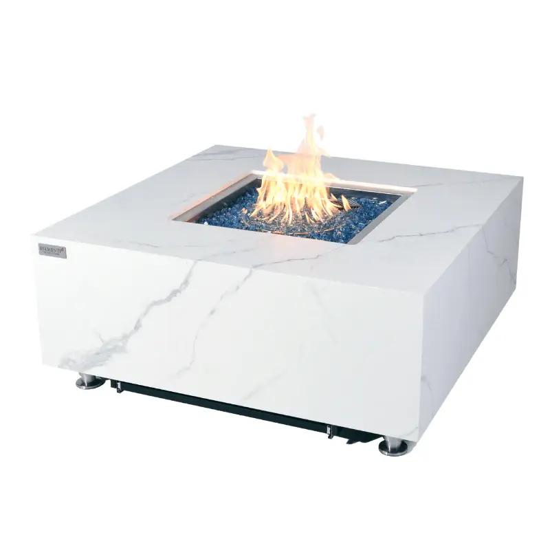 Elementi Plus - Bianco Square Marble Fire Pit Table - OFP103BW Spark Screen & Cover