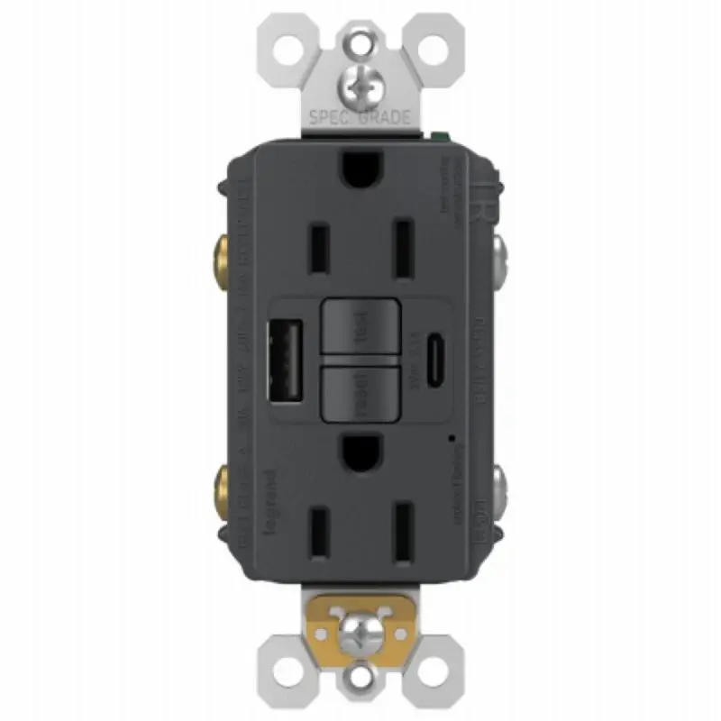 Legrand radiant® 1597TRUSBACGC4 Self-Test GFCI USB Outlet, 2-Pole, 15/2.1 , 125 VAC, 1-Gang, 2-USB Port, Graphite